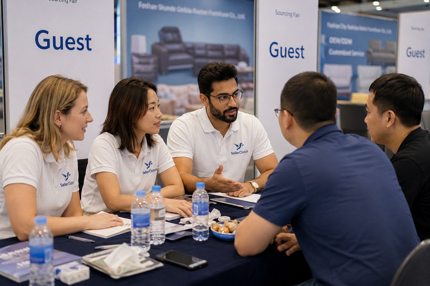SellerClutch team meeting with a manufacturer at a sourcing fair in China